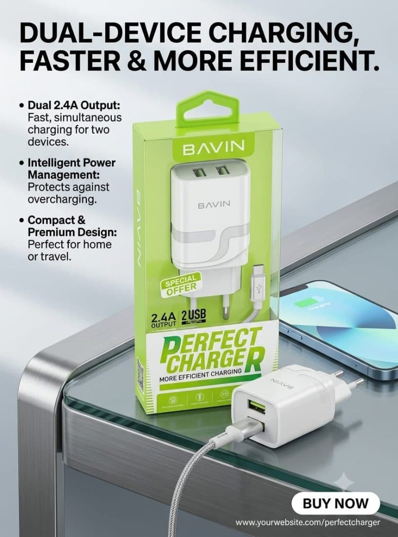 Bavin Perfect Charger 2.4A Dual USB Wall Charger with Micro USB Cable (White)
